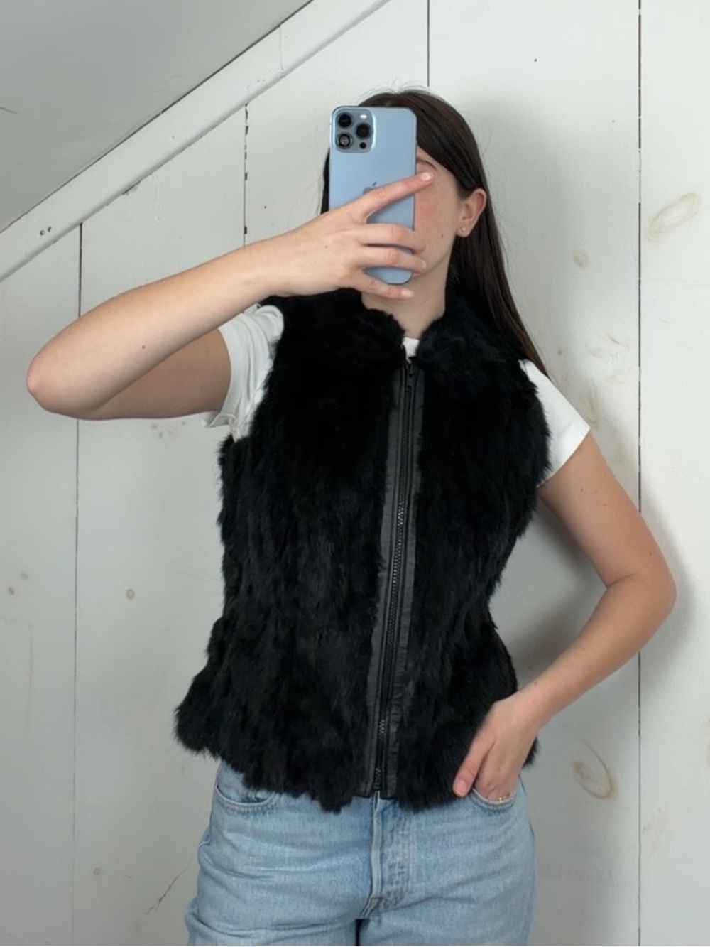 Vintage Charles Klein Black Genuine Rabbit Fur Full Zip Collared Vest‎ Women’s M